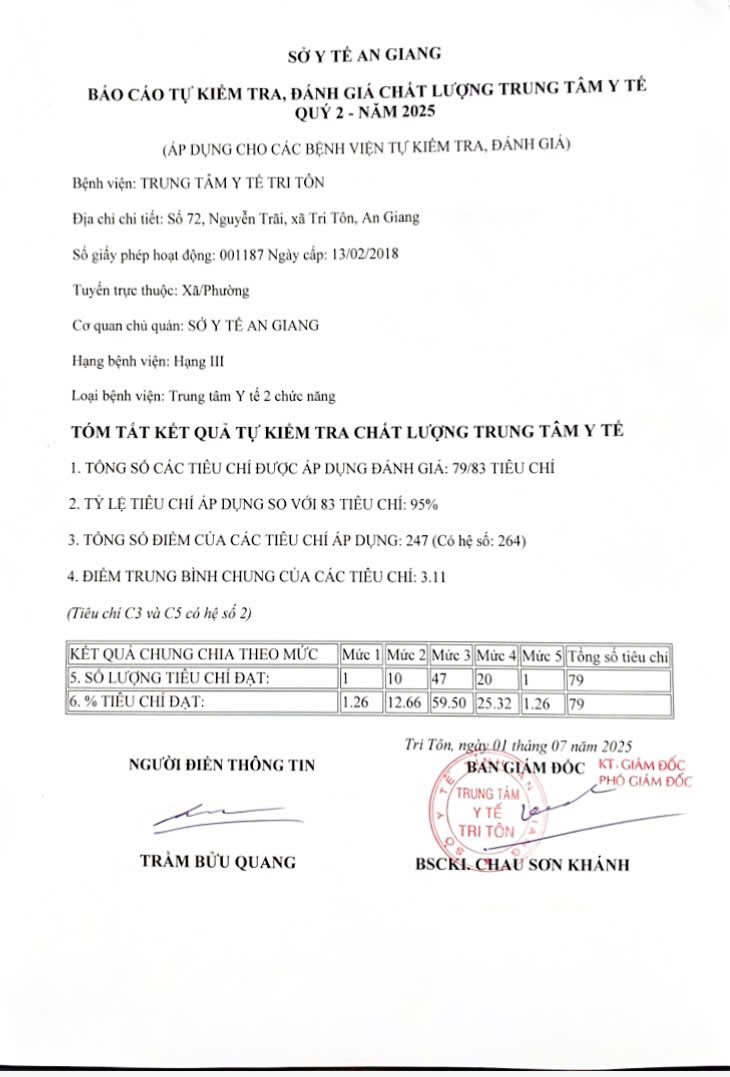 BÁO CÁO TỰ KIỂM TRA, ĐÁNH GIÁ CHẤT LƯỢNG TTYT QUÝ 2 - NĂM 2025